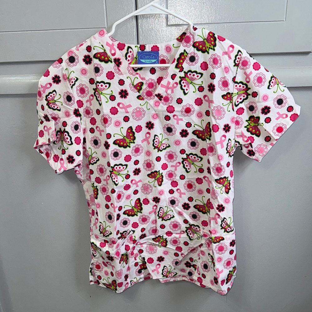 Carols Pink Butterfly & Ribbon Print Medical Scrub Top